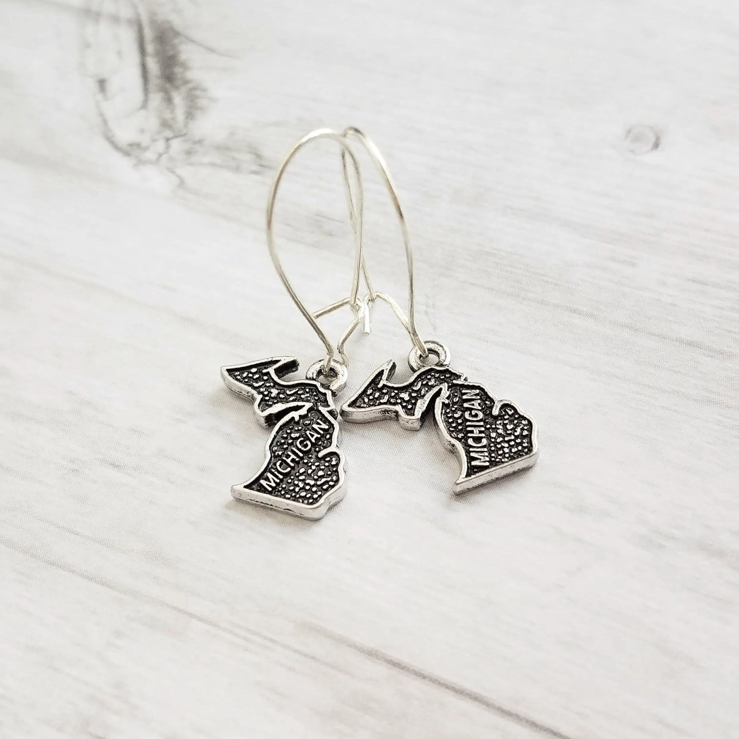 Silver Michigan Earrings - small upper/lower peninsula mitten state gift - handmade hometown love jewelry souvenir - made in Michigan