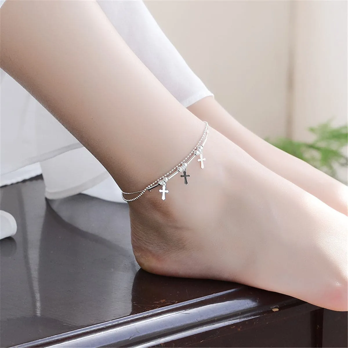 Silver-Plated Cross & Bead Double-Strand Anklet