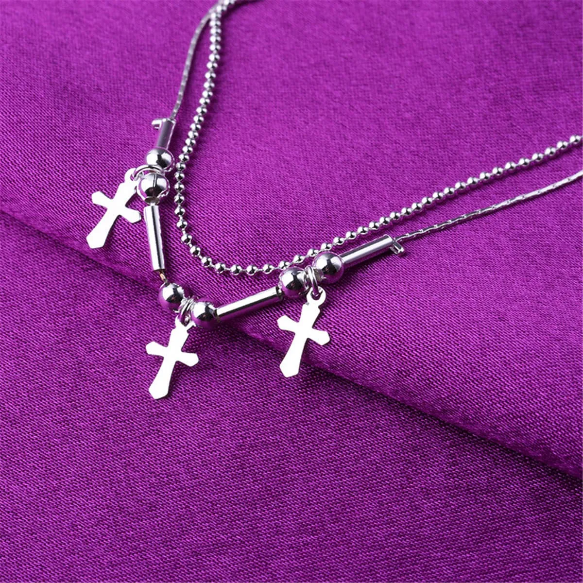 Silver-Plated Cross & Bead Double-Strand Anklet