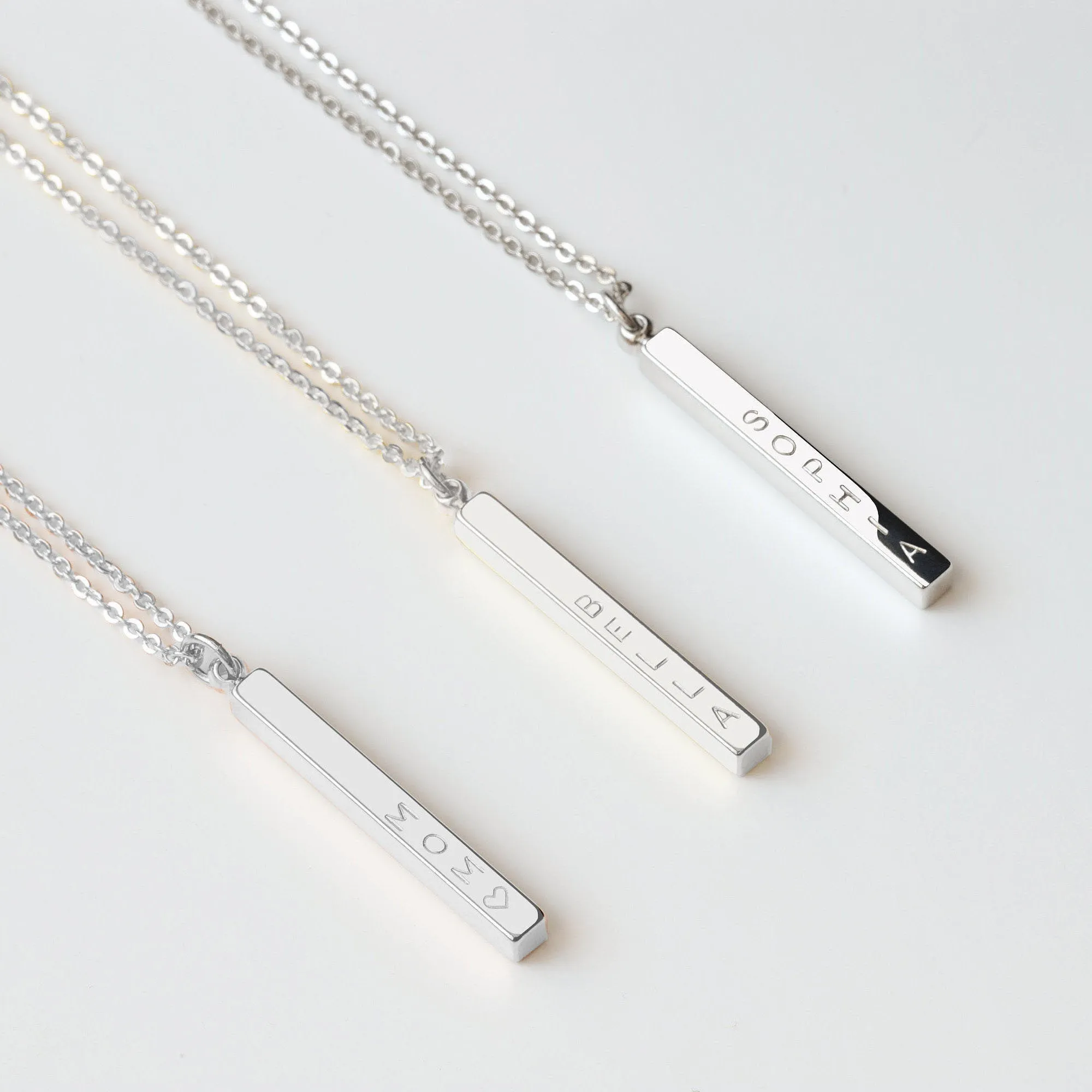 Sterling Silver Vertical 3D Bar Necklace, Silver 4 Sided Bar Necklace