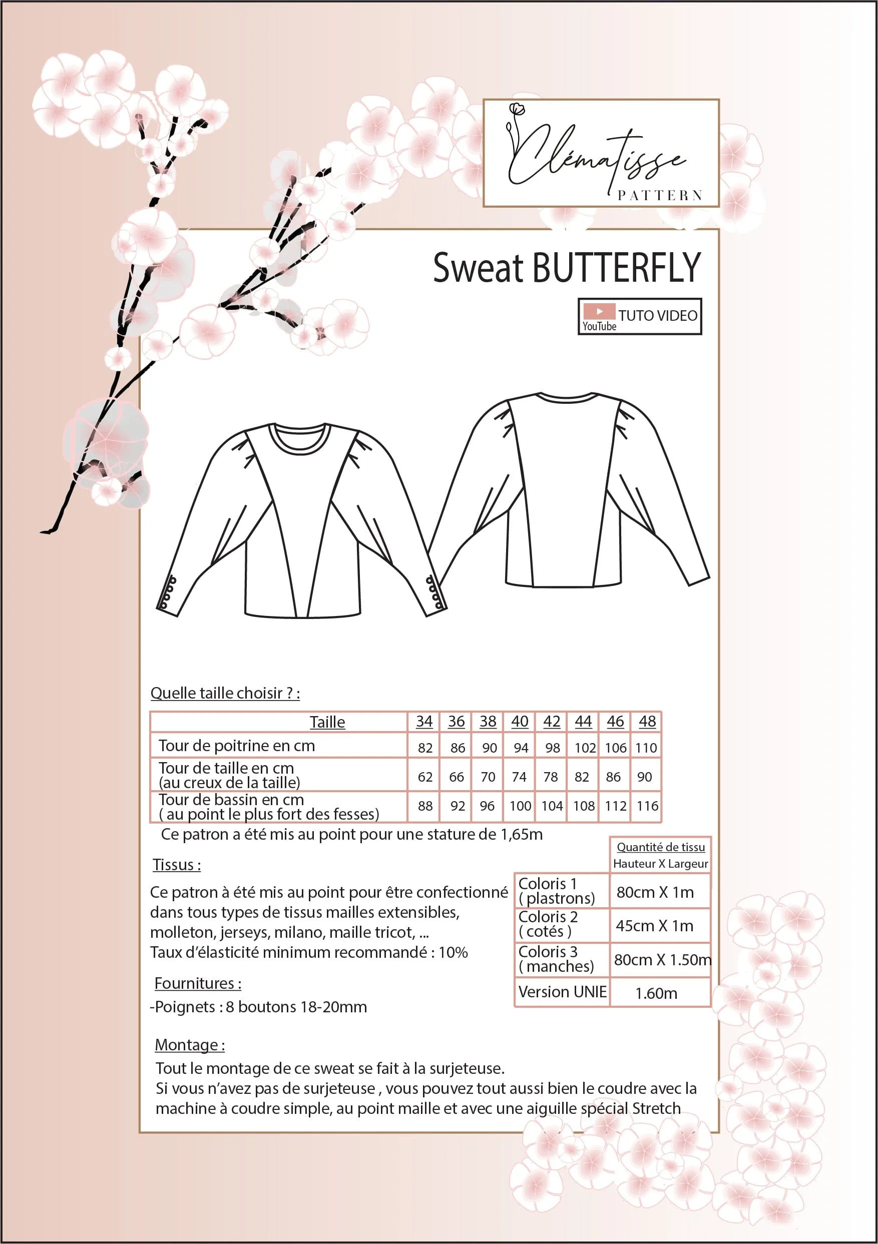 Sweat BUTTERFLY Patron de couture Pochette - CLEMATISSE PATTERN