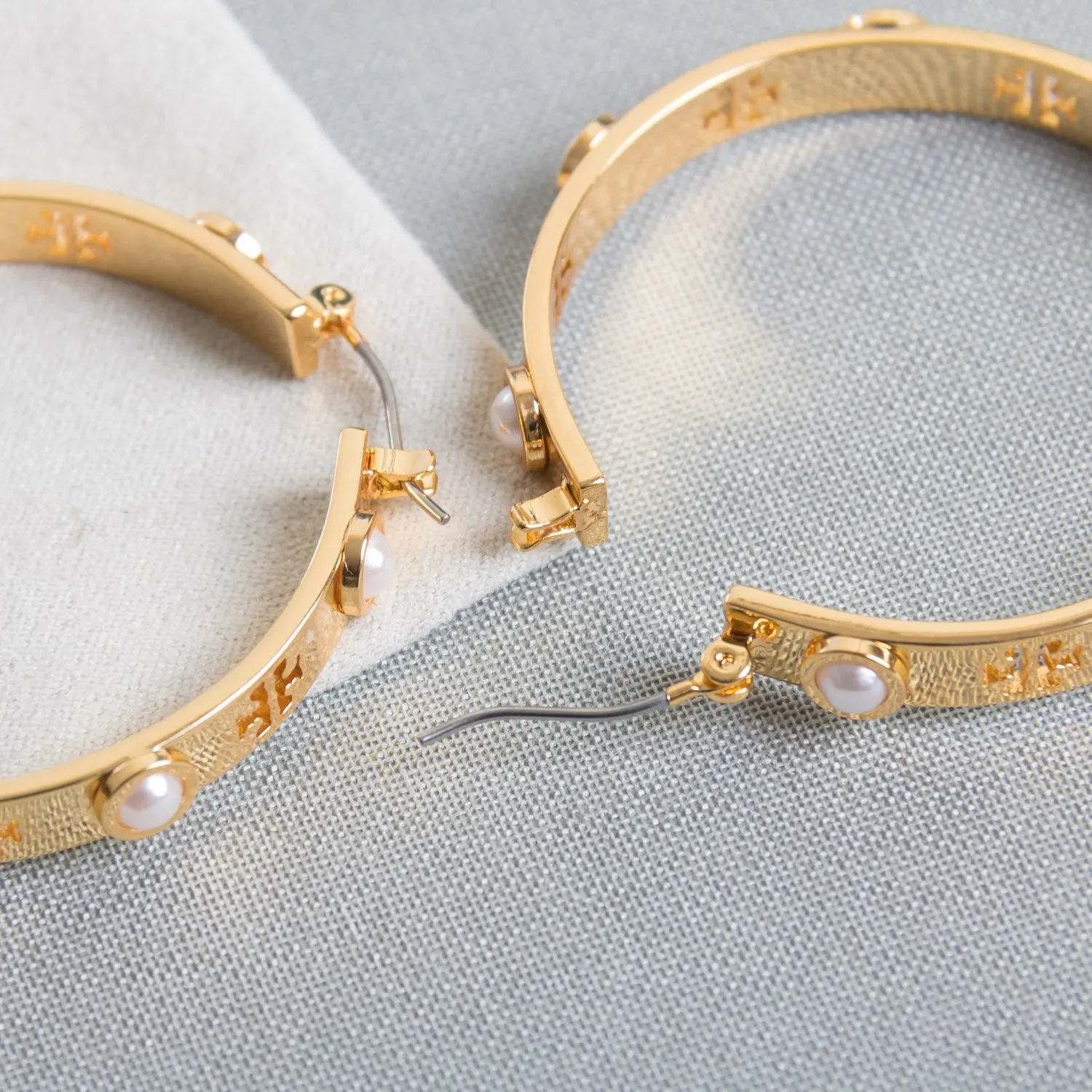 T Pierced Logo Pearl Gold Hoop Earrings