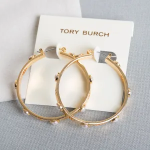 T Pierced Logo Pearl Gold Hoop Earrings