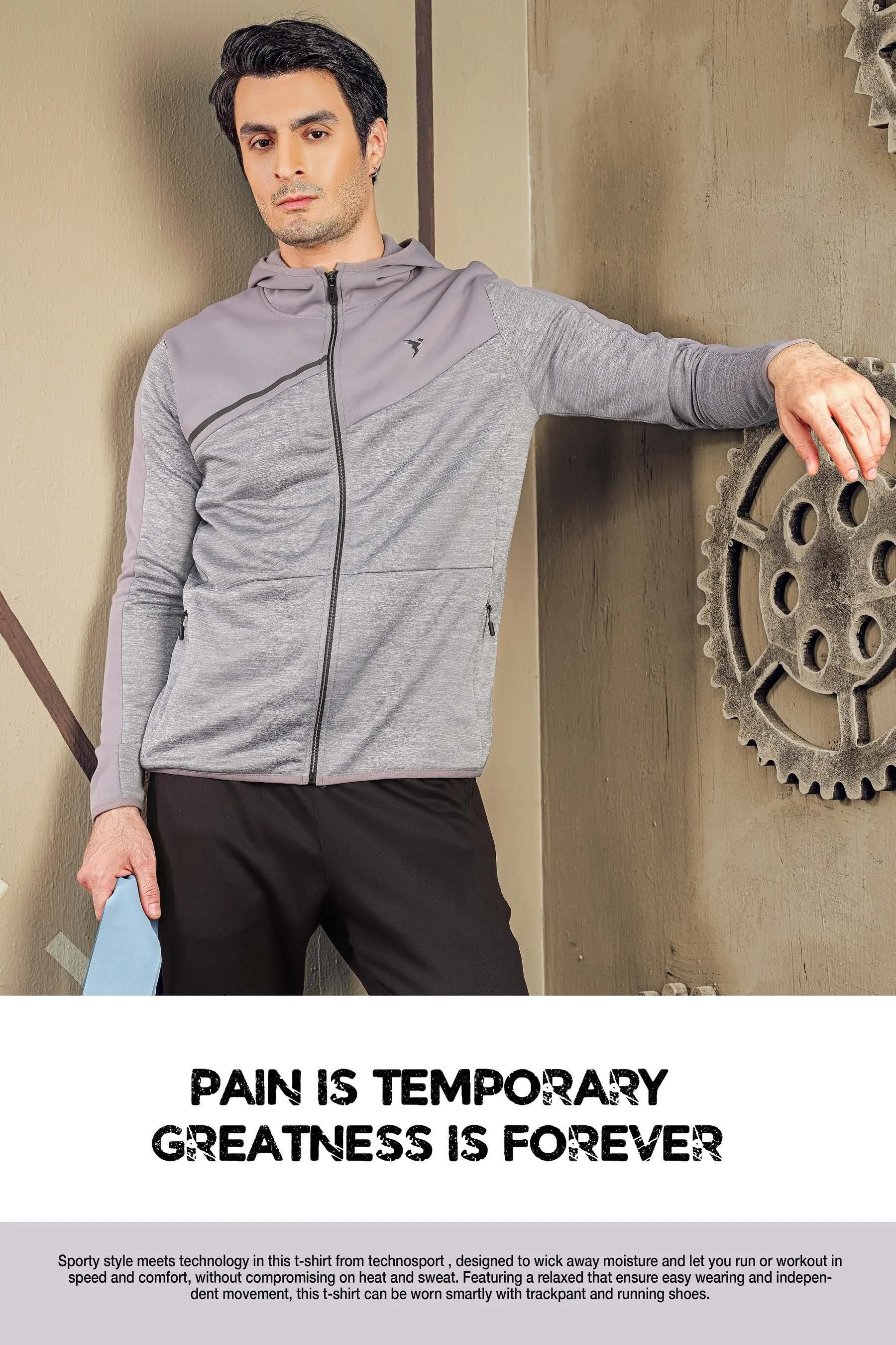 Technosport Full Sleeve Dry Fit Melange Hoodie Jacket for Men PL-74 (Silver Grey)