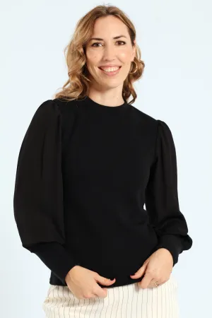 Textured Knitwear Combo Blouse - Black