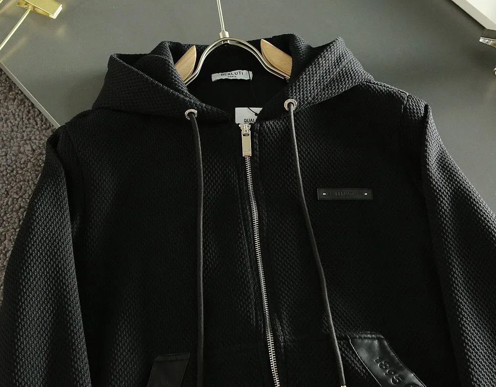 Textured Pattern Hoodie With Logo Plaque