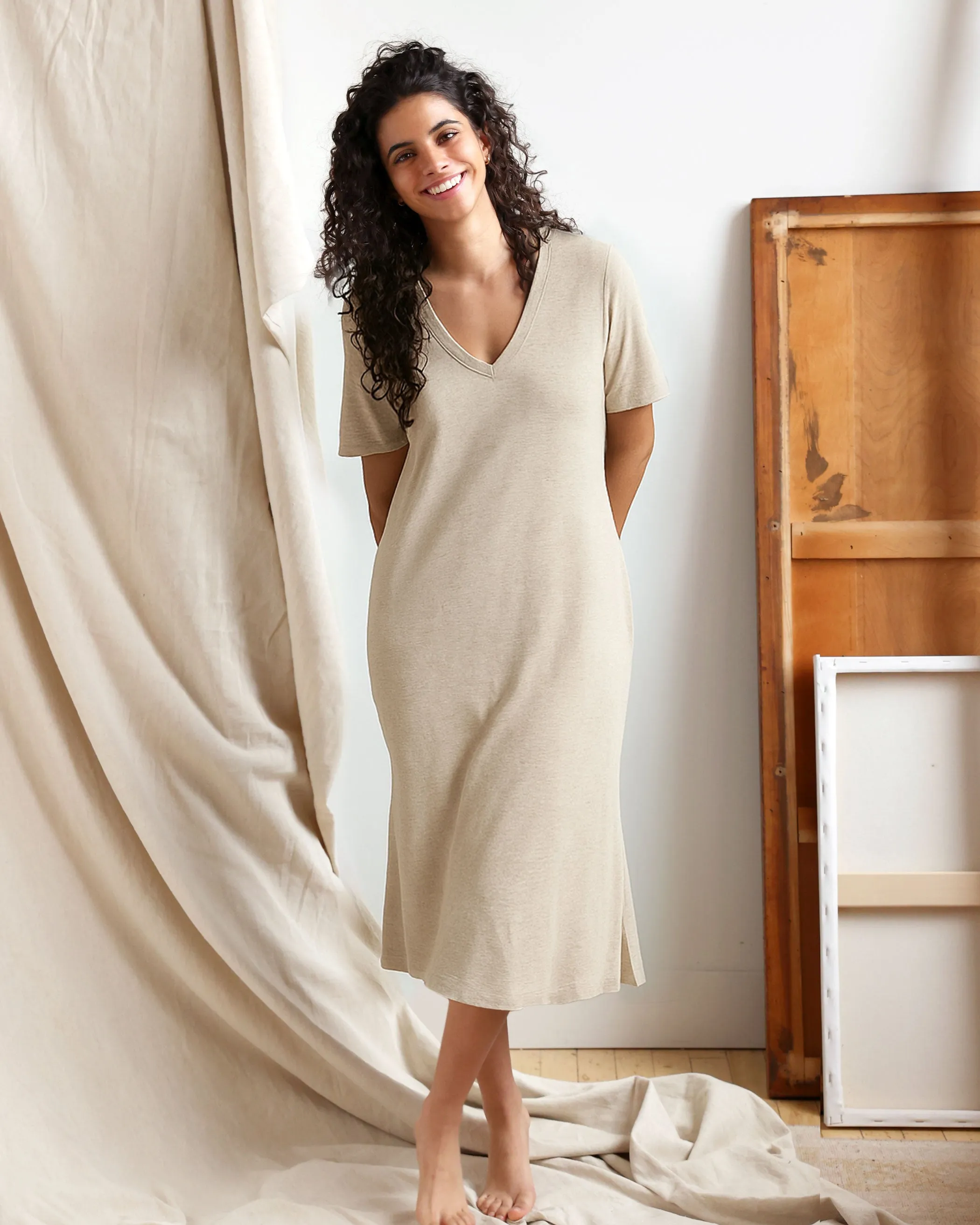V-Neck Midi T-Shirt Dress Oatmeal