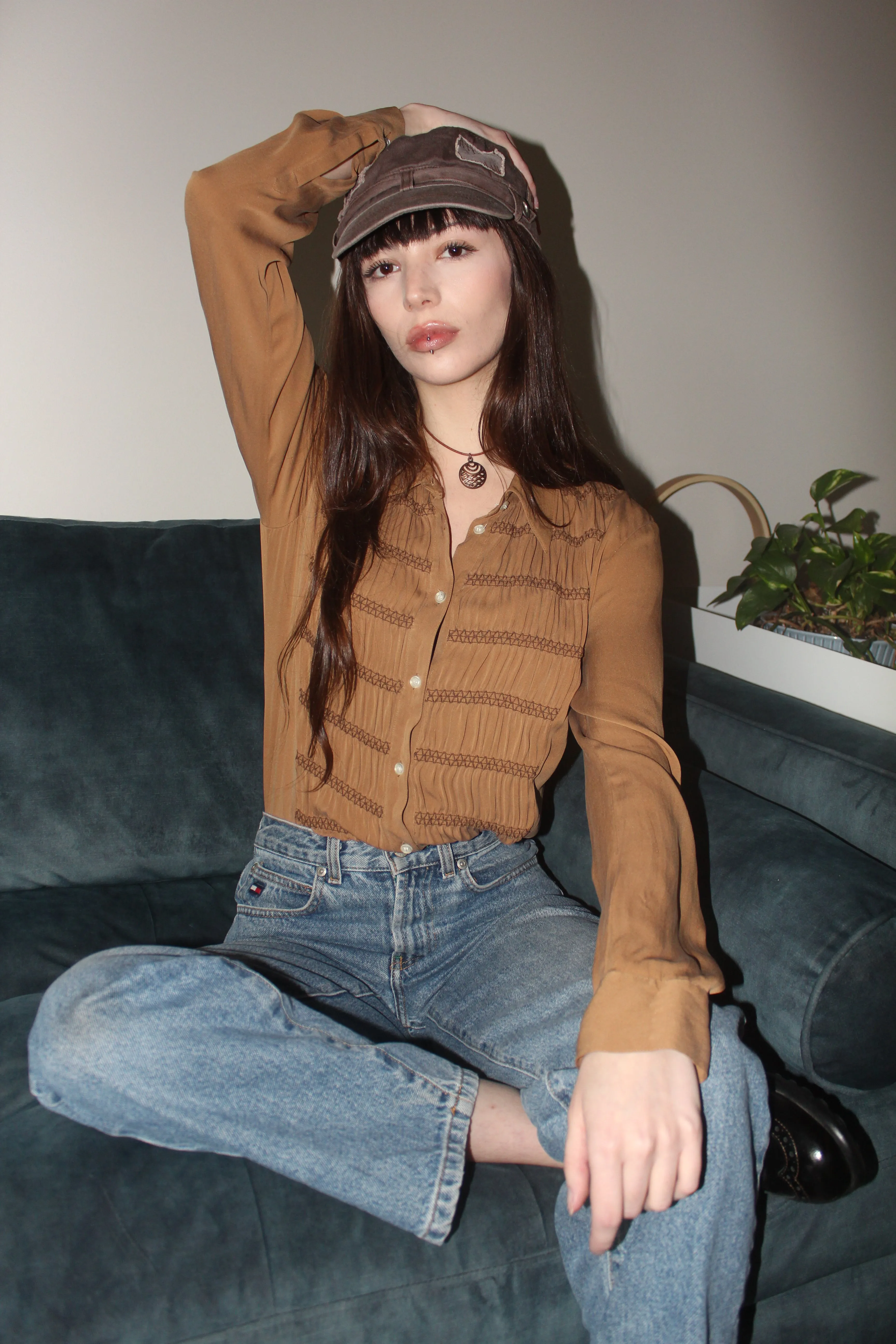 Vintage 90s Crinkled Silk Button Up (M)
