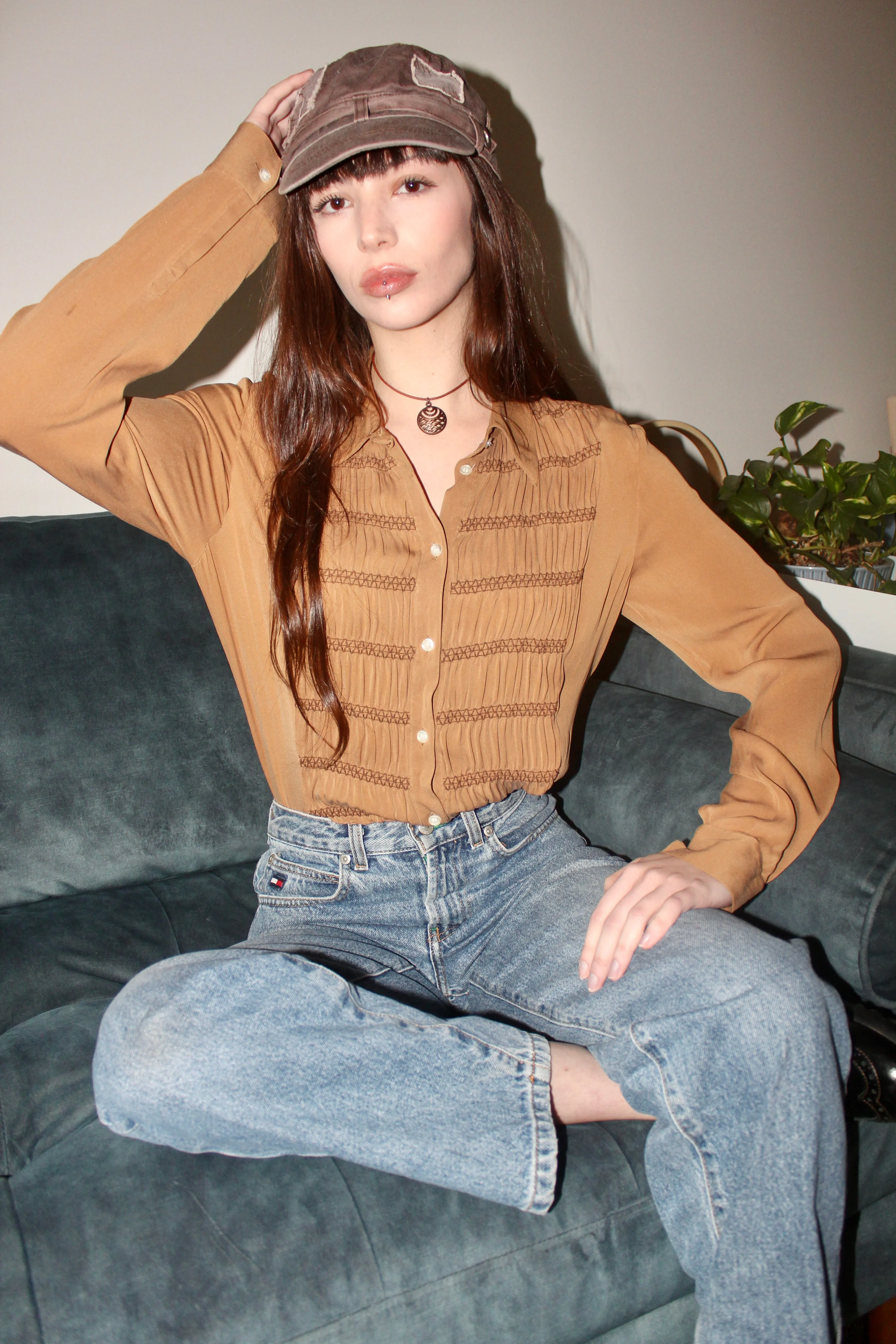 Vintage 90s Crinkled Silk Button Up (M)