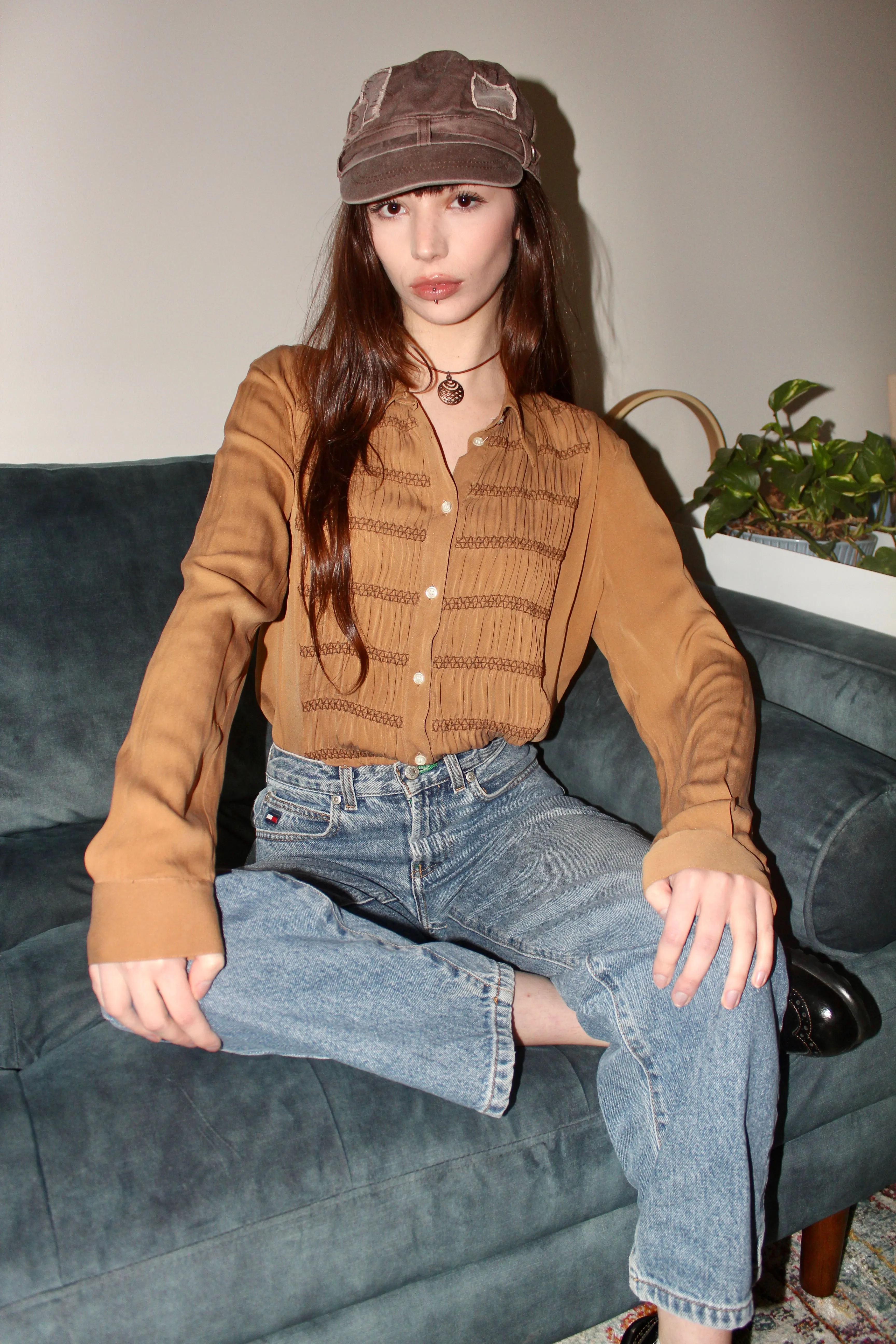 Vintage 90s Crinkled Silk Button Up (M)