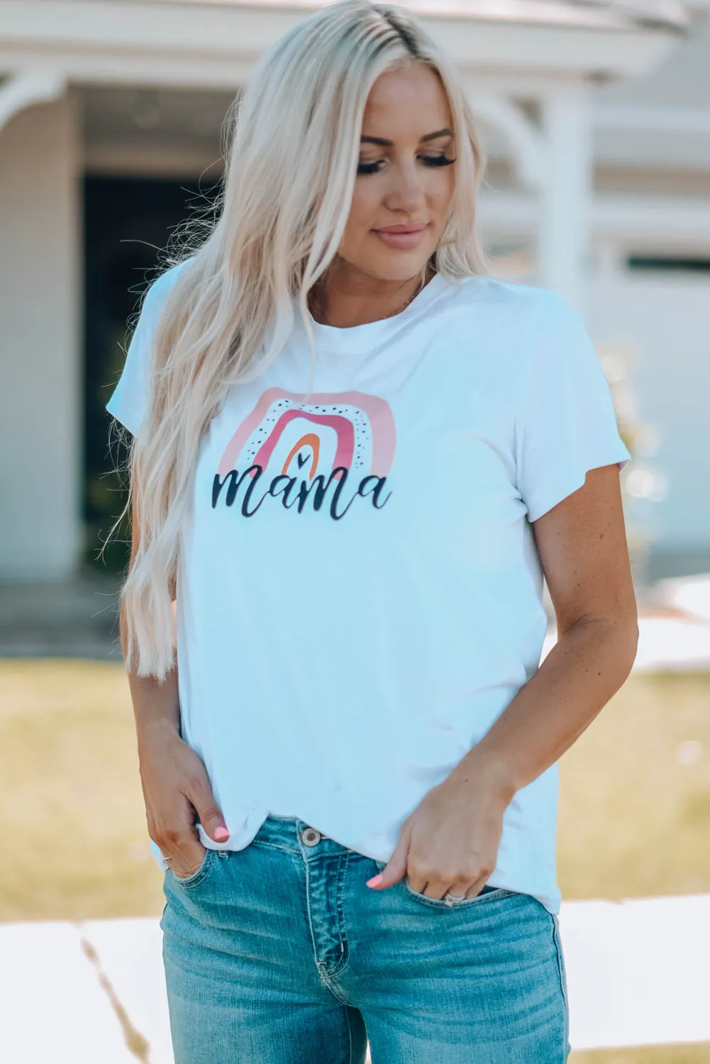 White Rainbow mama Print Parent-child T-shirt 1pc