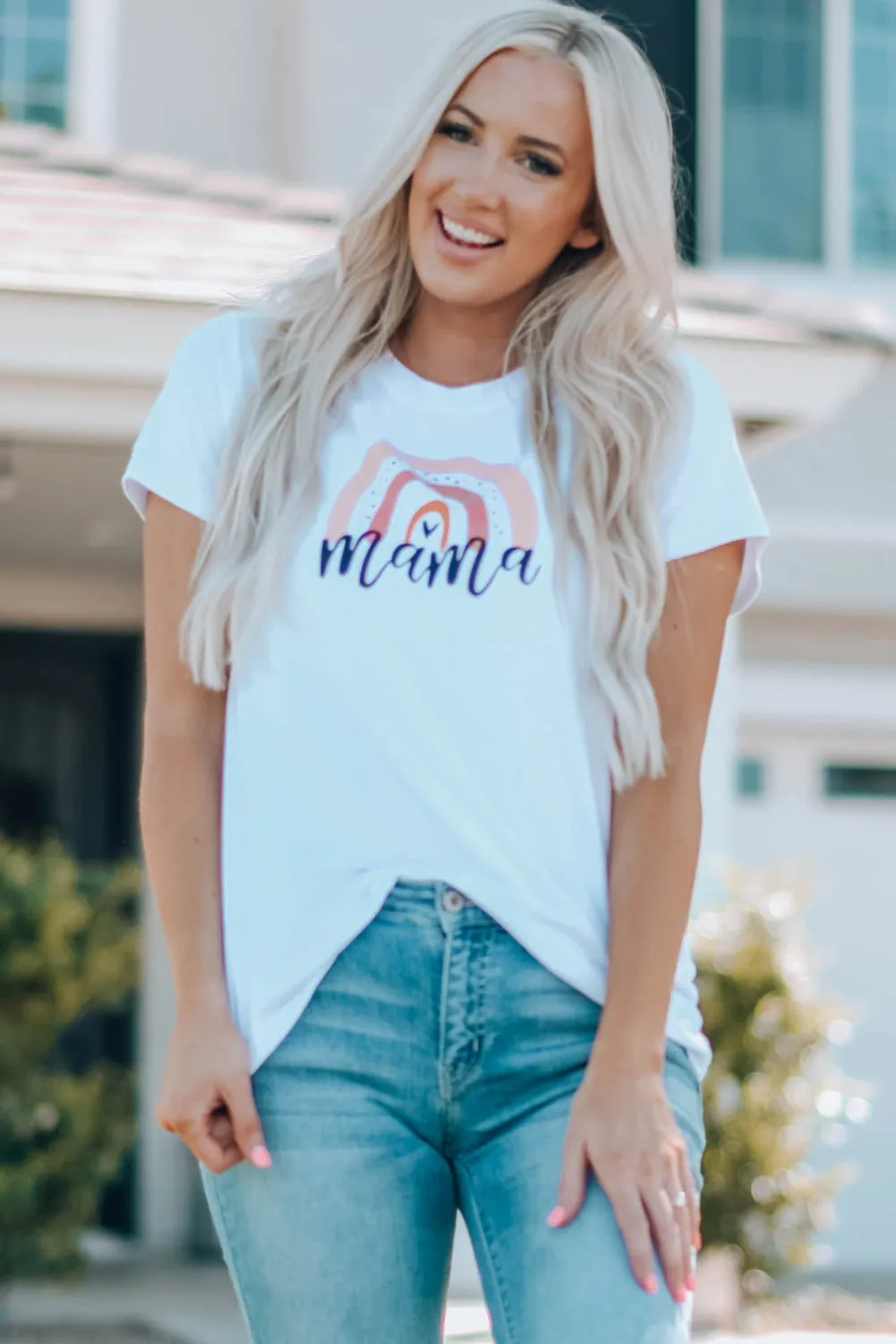 White Rainbow mama Print Parent-child T-shirt 1pc