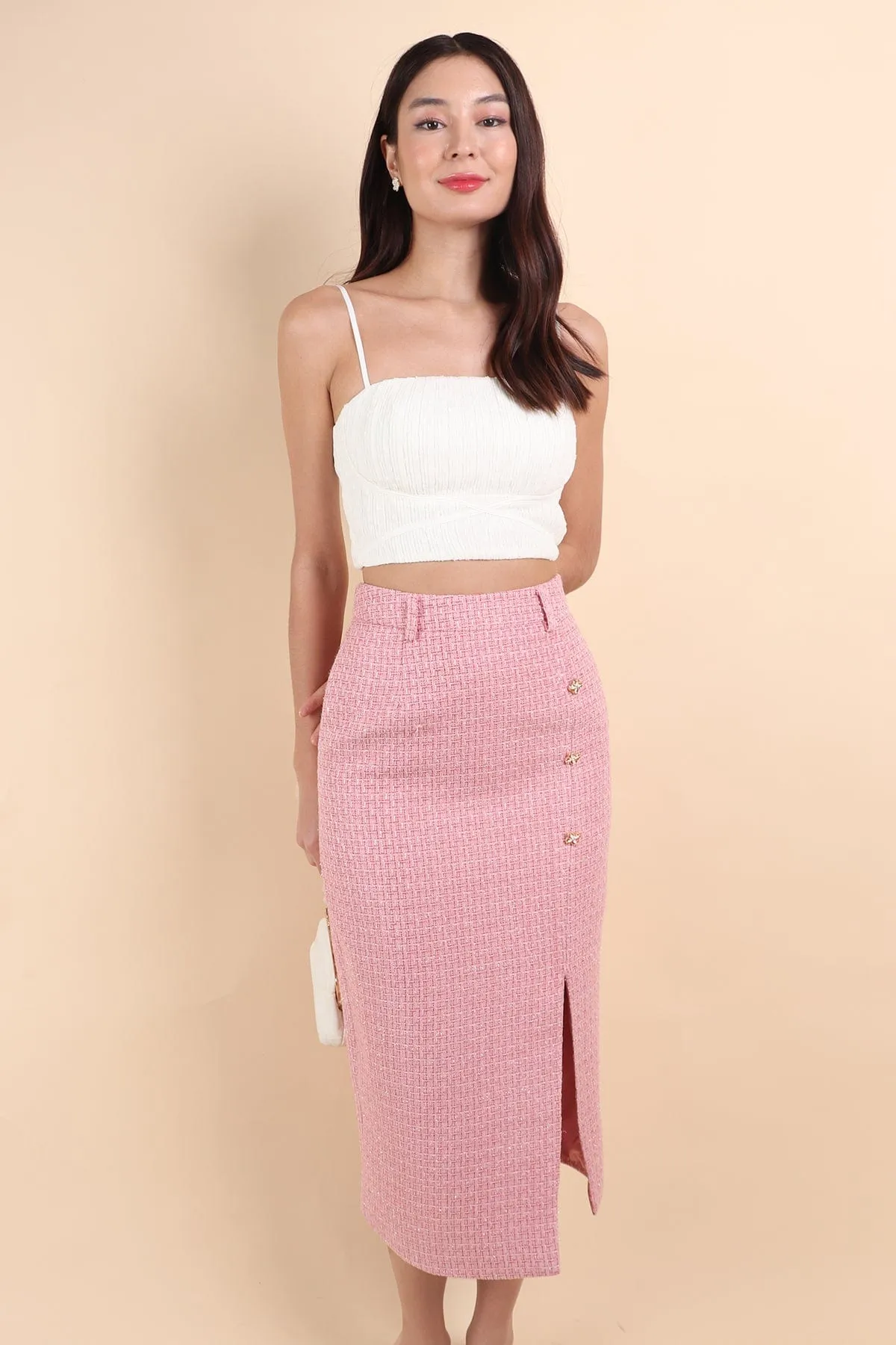 WINSTON TWEED SLIT MIDI SKIRT IN FESTIVE PINK