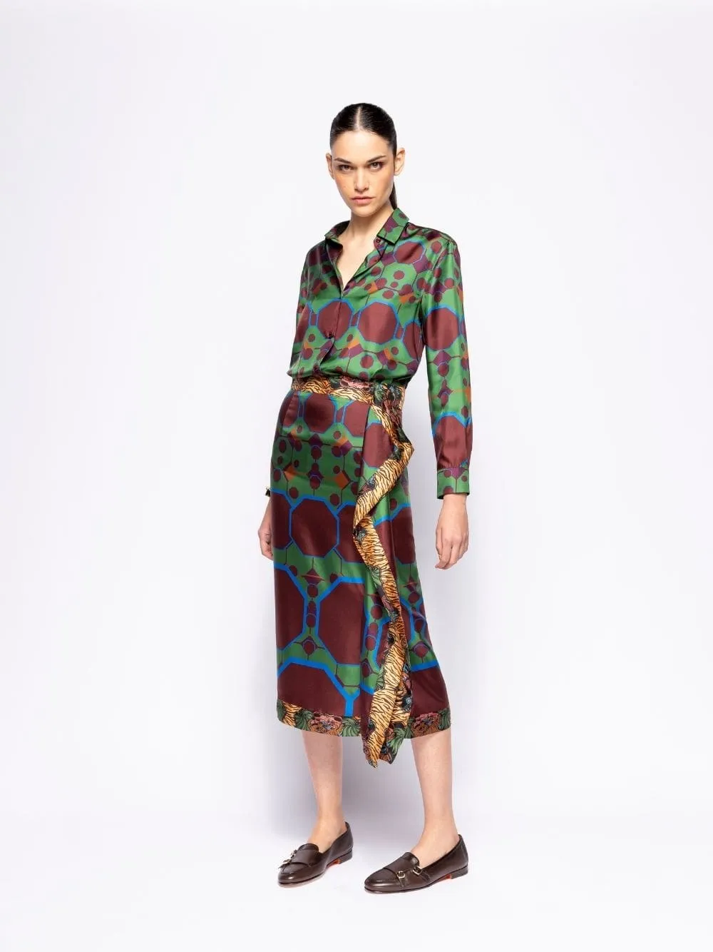 Wisteria Octa Print Wrap Skirt in Double Printed Silk Twill