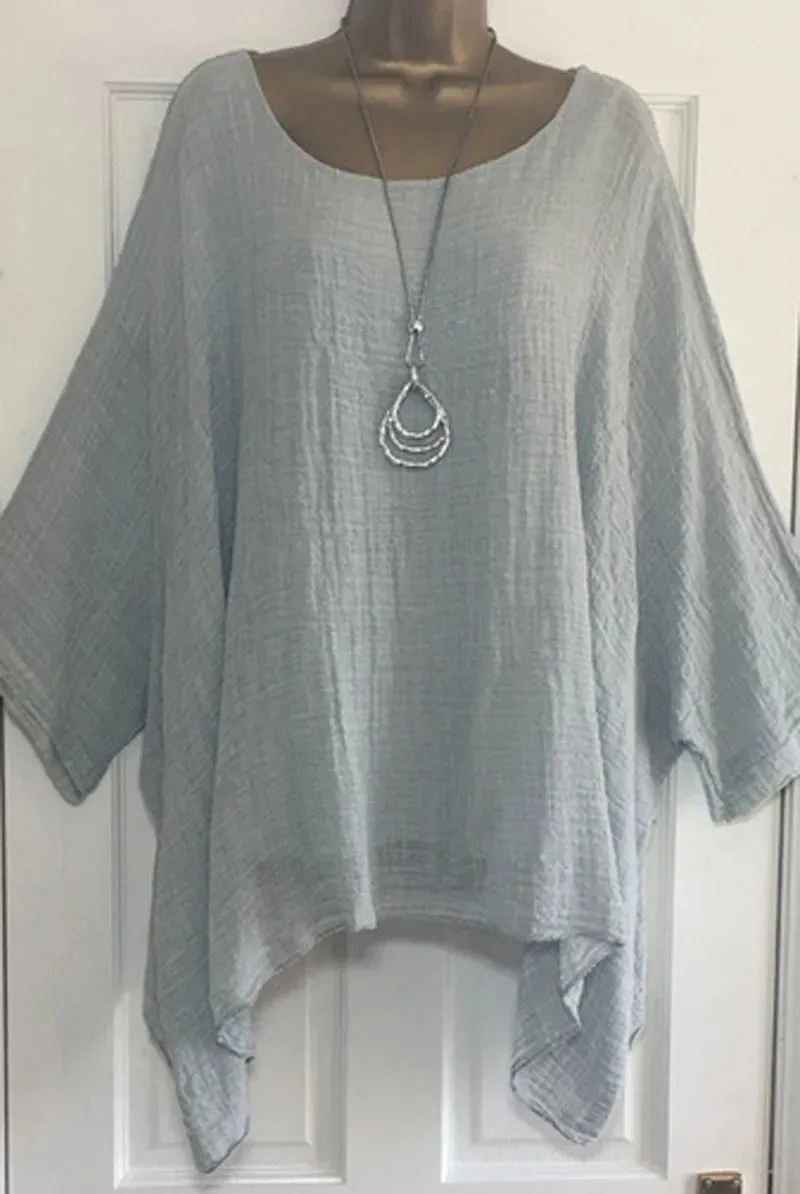 Womens Batwing Sleeve Solid Color Loose O-Neck 3/4 Sleeve Casual Elegance Blouse Ladies Top