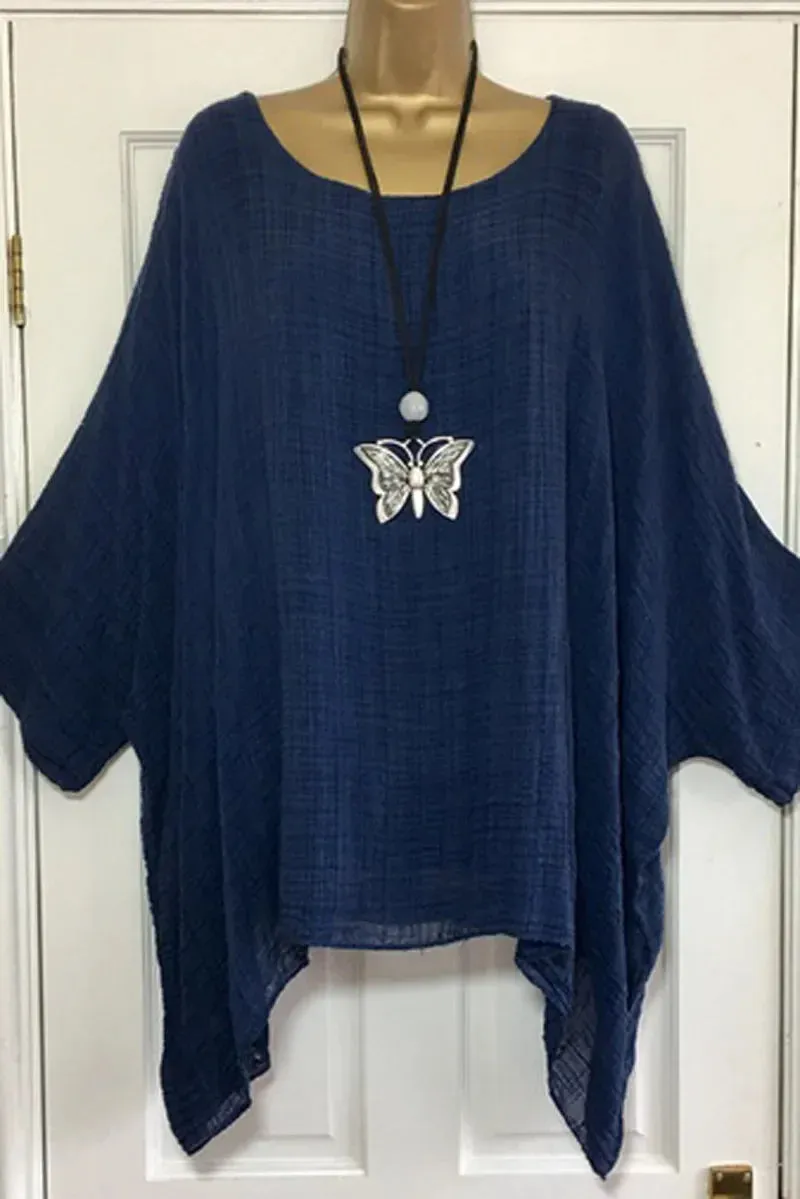 Womens Batwing Sleeve Solid Color Loose O-Neck 3/4 Sleeve Casual Elegance Blouse Ladies Top