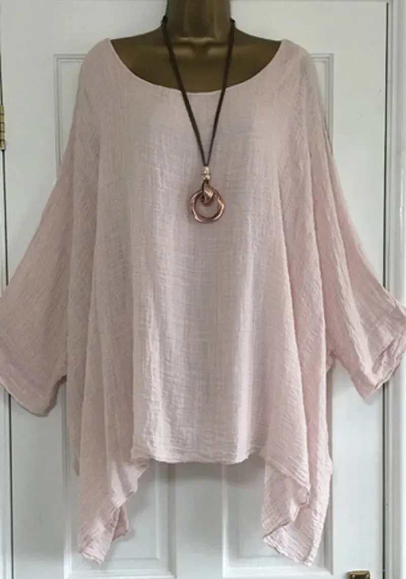 Womens Batwing Sleeve Solid Color Loose O-Neck 3/4 Sleeve Casual Elegance Blouse Ladies Top