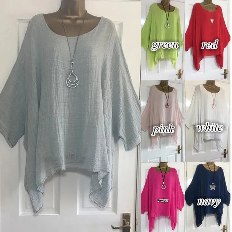 Womens Batwing Sleeve Solid Color Loose O-Neck 3/4 Sleeve Casual Elegance Blouse Ladies Top